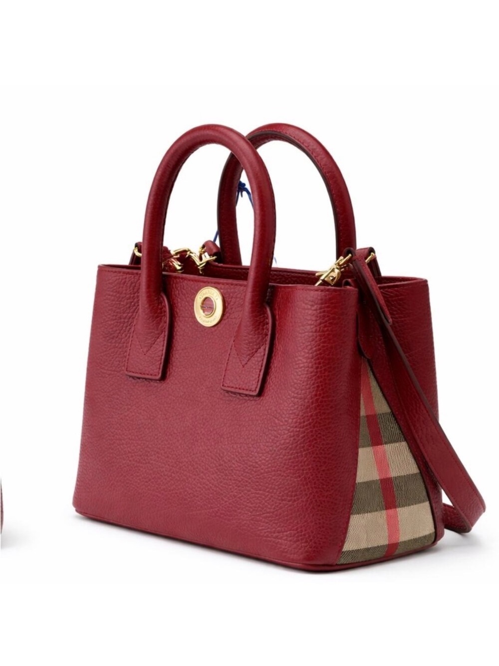 Burberry Red Leather Top-Handle Satchel with Check Panel